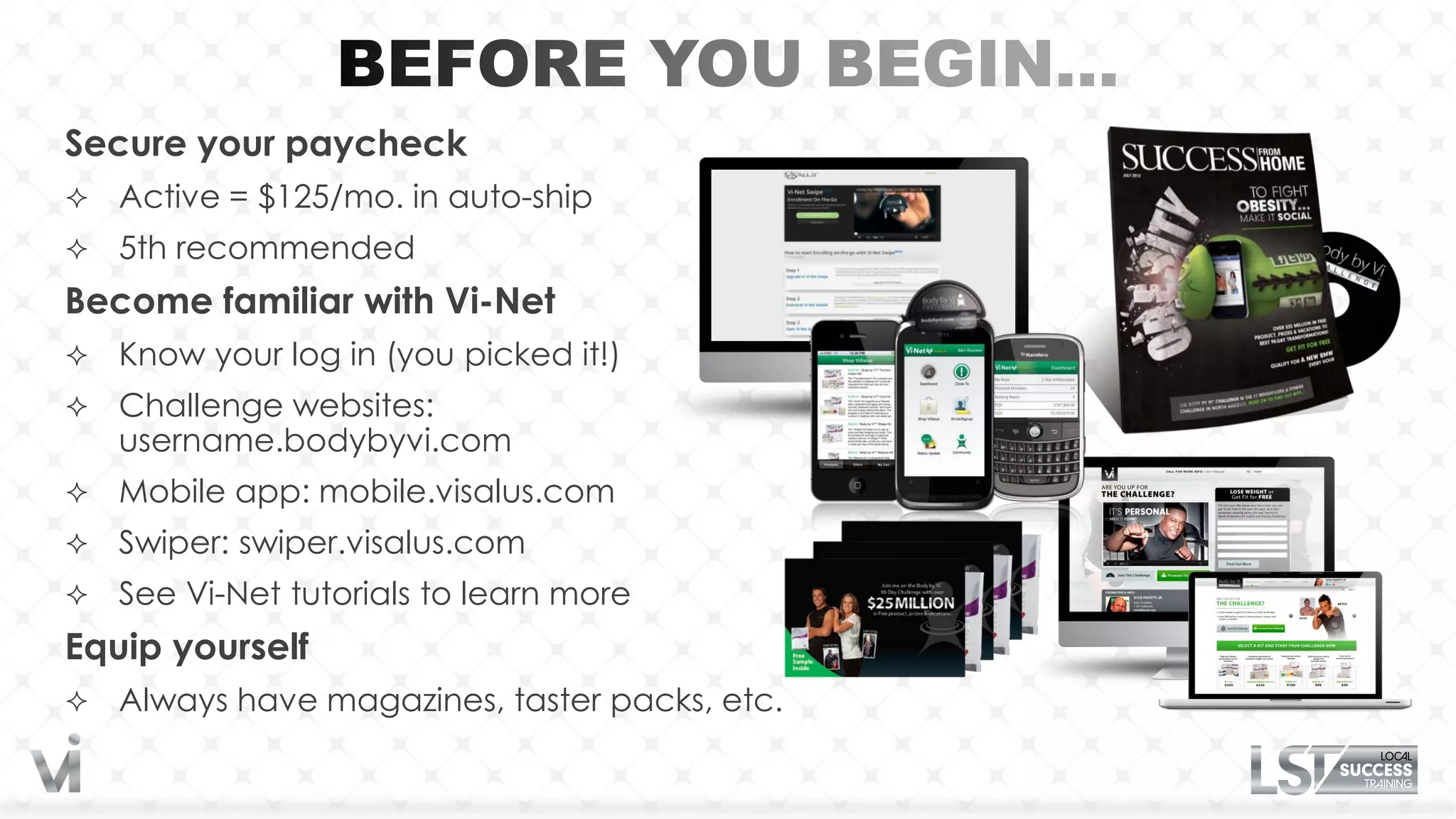 Secure your paycheck
   Active = $125/mo. in auto-ship
   5th recommended
Become familiar with Vi-Net
   Know your log in (you picked it!)
   Challenge websites:
    username.bodybyvi.com
   Mobile app: mobile.visalus.com
   Swiper: swiper.visalus.com
   See Vi-Net tutorials to learn more
Equip yourself
   Always have magazines, taster packs, etc.
 