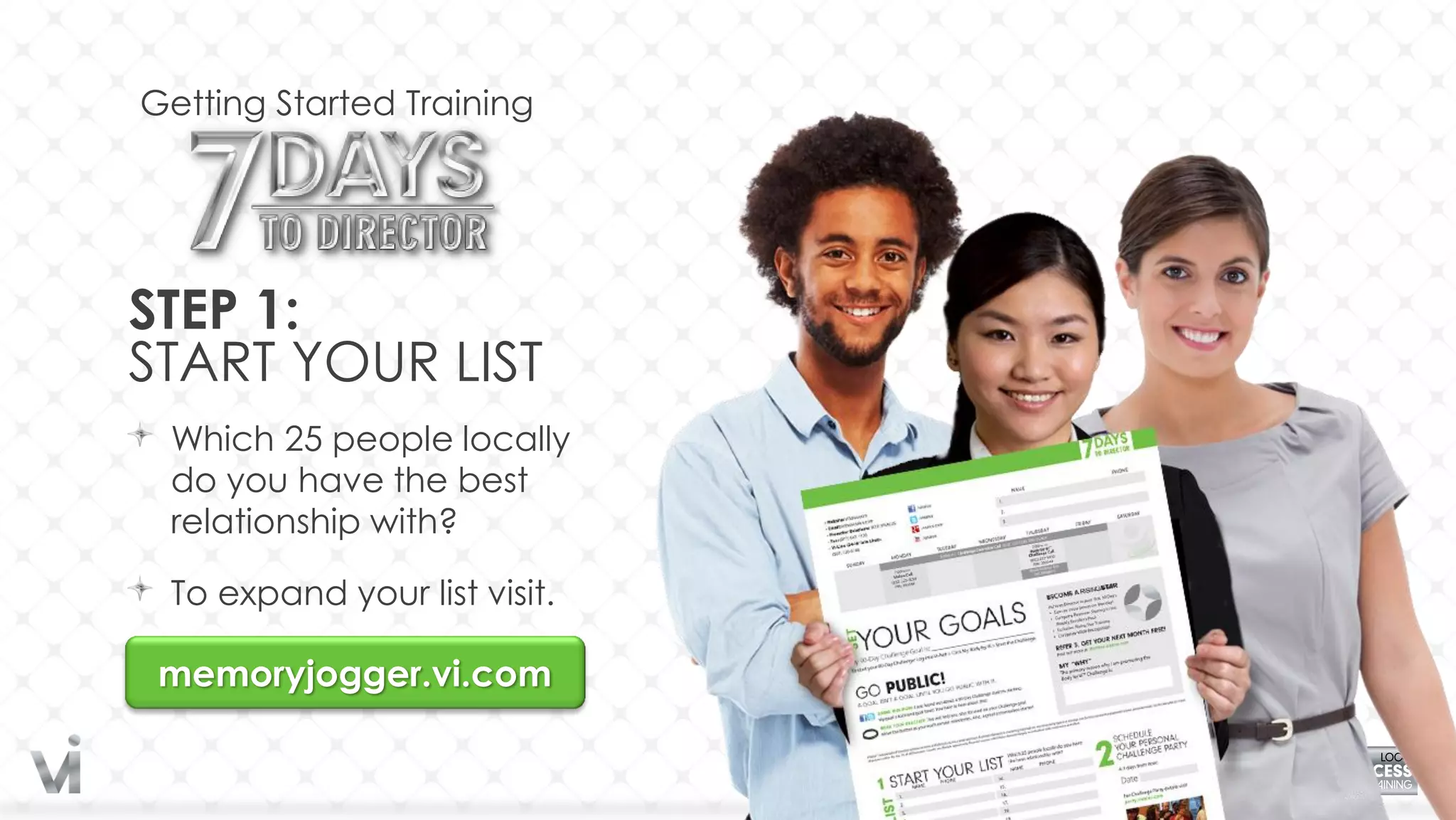 Getting Started Training




STEP 1:
START YOUR LIST
 Which 25 people locally
 do you have the best
 relationship with?

 To expand your list visit.

 memoryjogger.vi.com
 