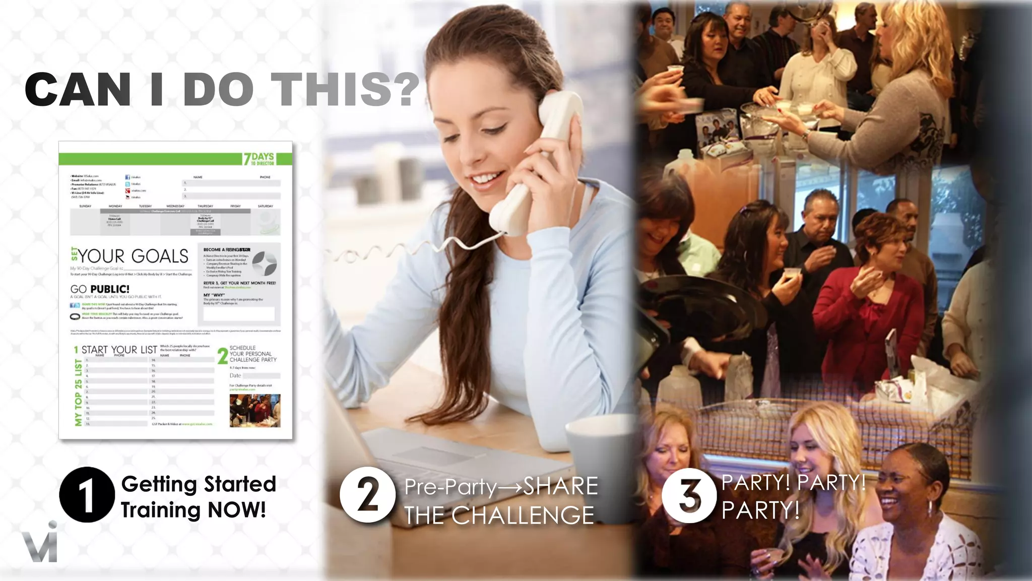 Getting Started   Pre-Party→SHARE   PARTY! PARTY!
Training NOW!     THE CHALLENGE     PARTY!
 