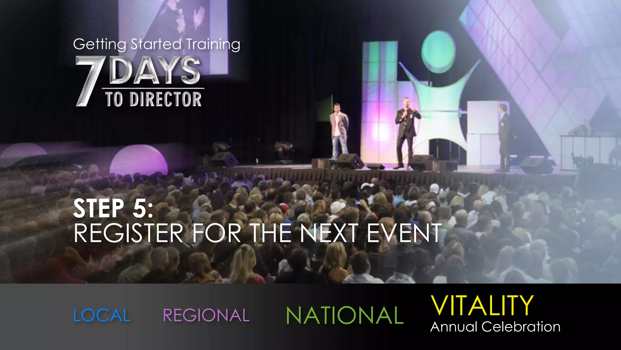 Getting Started Training




STEP 5:
REGISTER FOR THE NEXT EVENT


LOCAL       REGIONAL       NATIONAL   VITALITY
                                      Annual Celebration
 