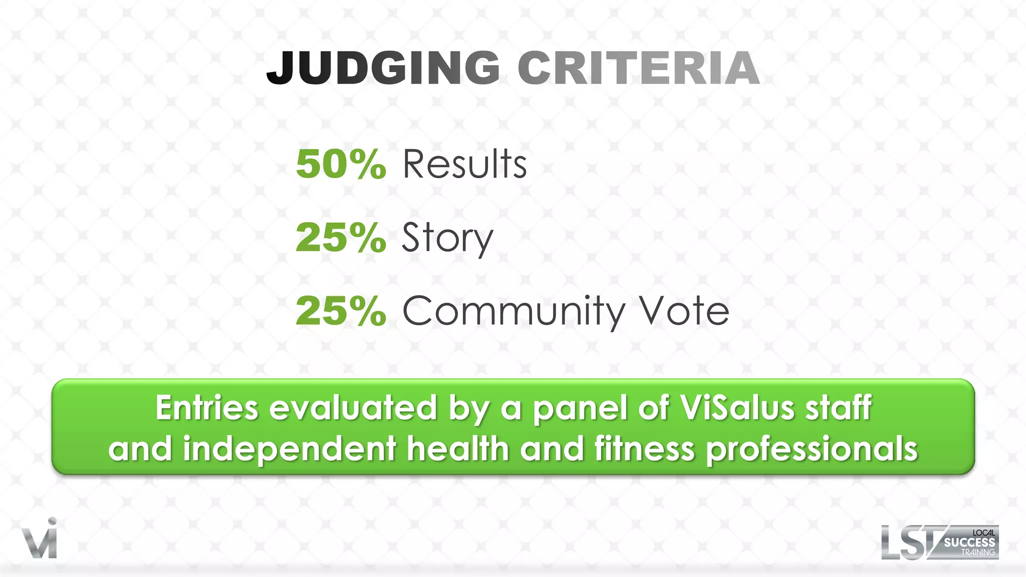 50% Results
           25% Story
           25% Community Vote

  Entries evaluated by a panel of ViSalus staff
and independent health and fitness professionals
 