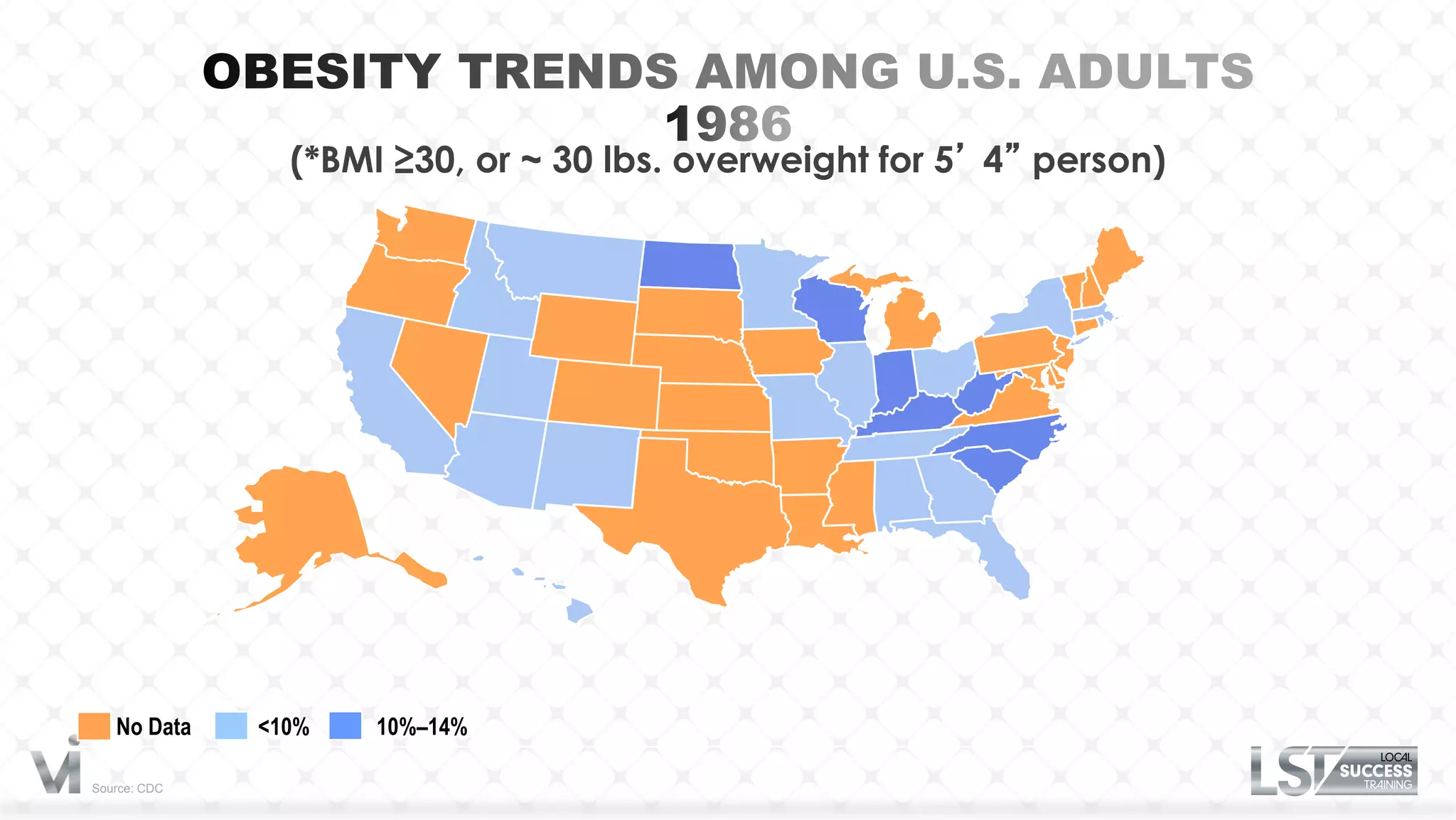 (*BMI ≥30, or ~ 30 lbs. overweight for 5’ 4” person)




   No Data    <10%   10%–14%

Source: CDC
 