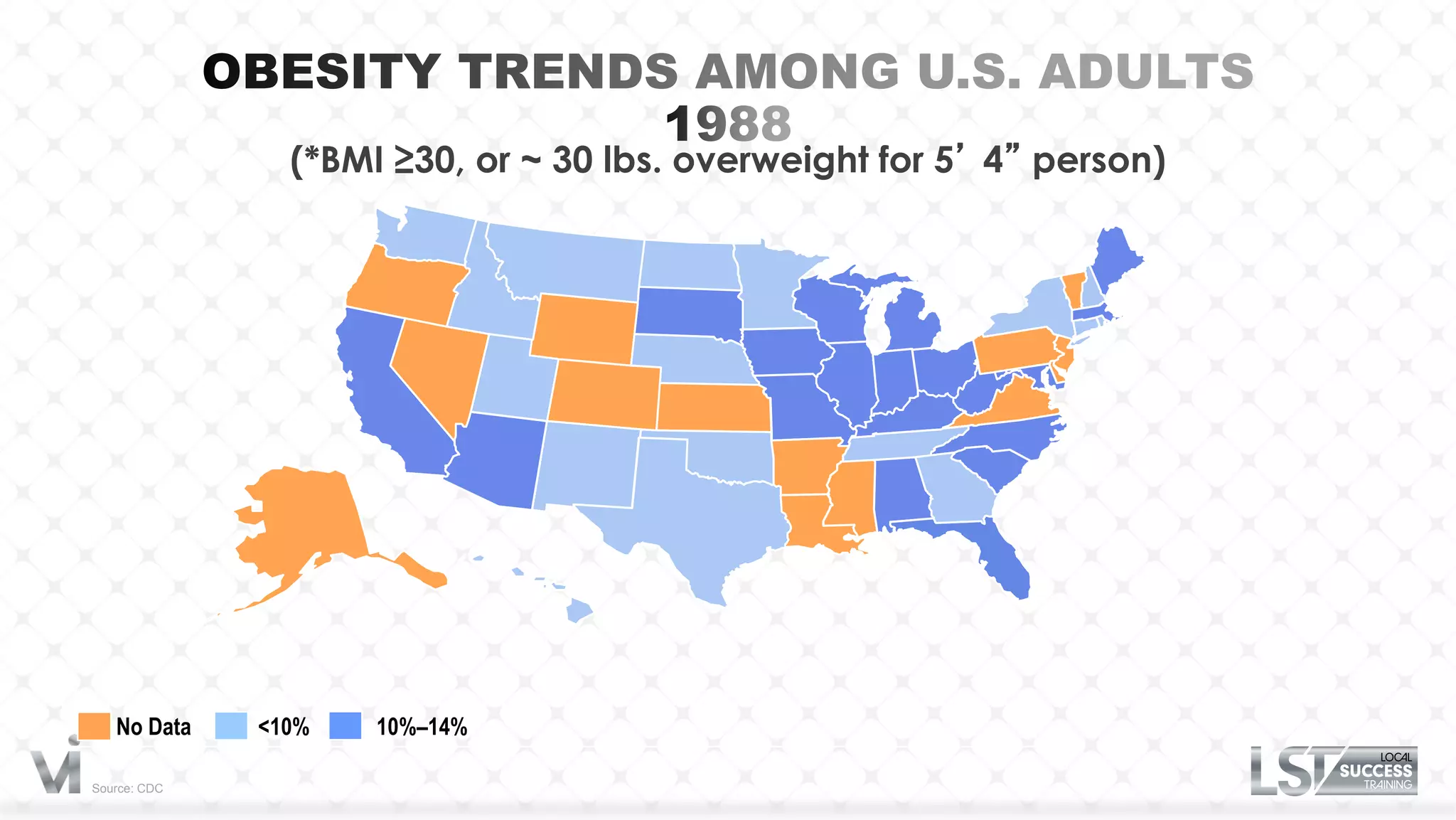 (*BMI ≥30, or ~ 30 lbs. overweight for 5’ 4” person)




   No Data    <10%   10%–14%

Source: CDC
 