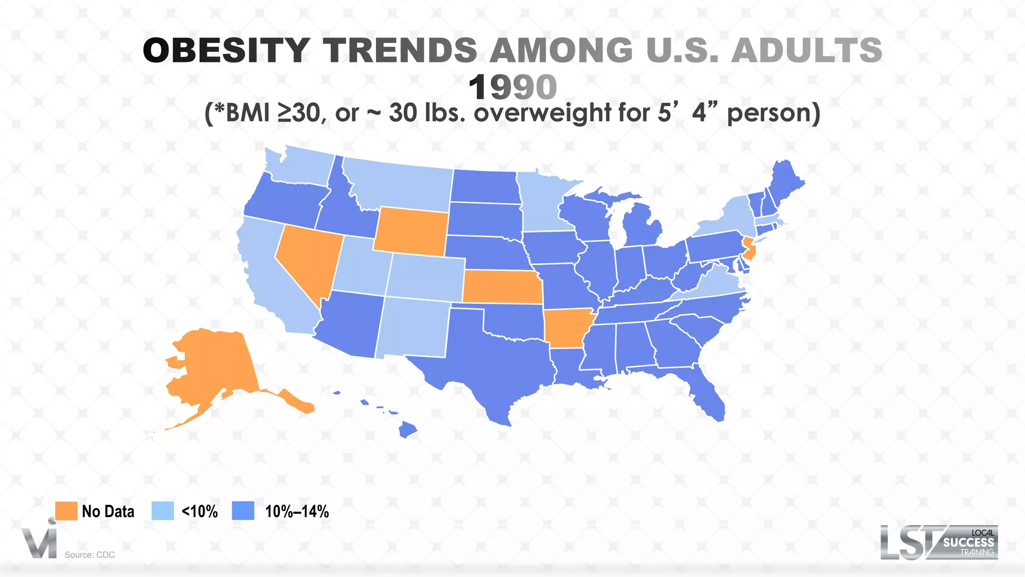 (*BMI ≥30, or ~ 30 lbs. overweight for 5’ 4” person)




   No Data    <10%   10%–14%

Source: CDC
 