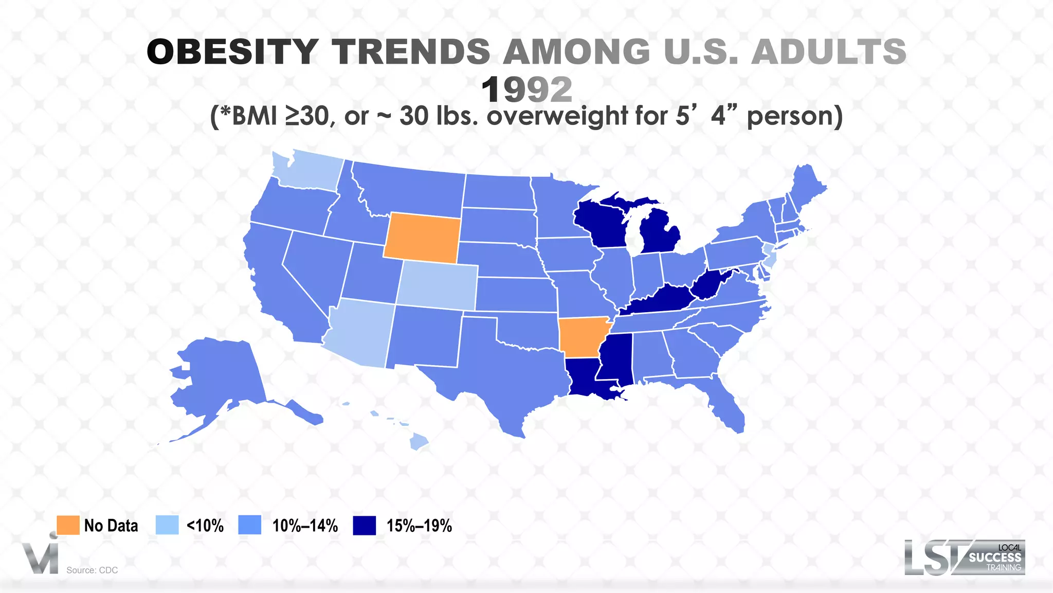 (*BMI ≥30, or ~ 30 lbs. overweight for 5’ 4” person)




   No Data    <10%   10%–14%   15%–19%

Source: CDC
 