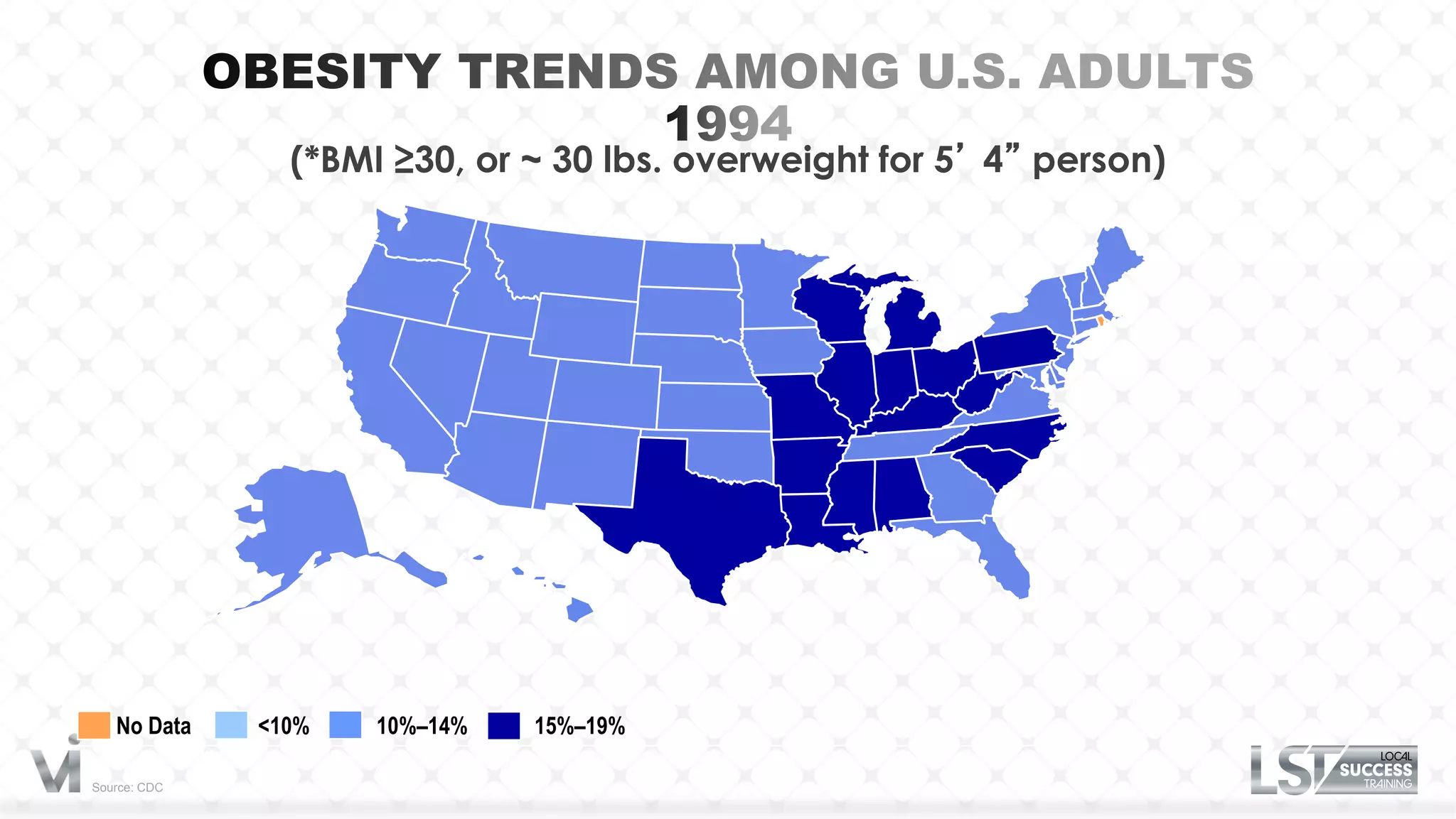(*BMI ≥30, or ~ 30 lbs. overweight for 5’ 4” person)




   No Data    <10%   10%–14%   15%–19%

Source: CDC
 
