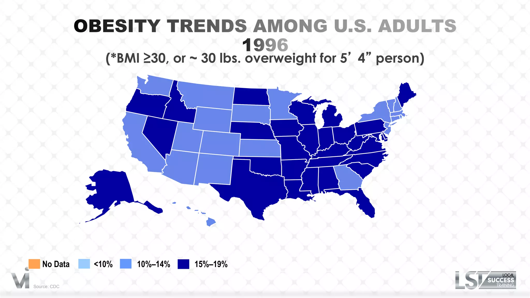 (*BMI ≥30, or ~ 30 lbs. overweight for 5’ 4” person)




   No Data    <10%   10%–14%   15%–19%

Source: CDC
 