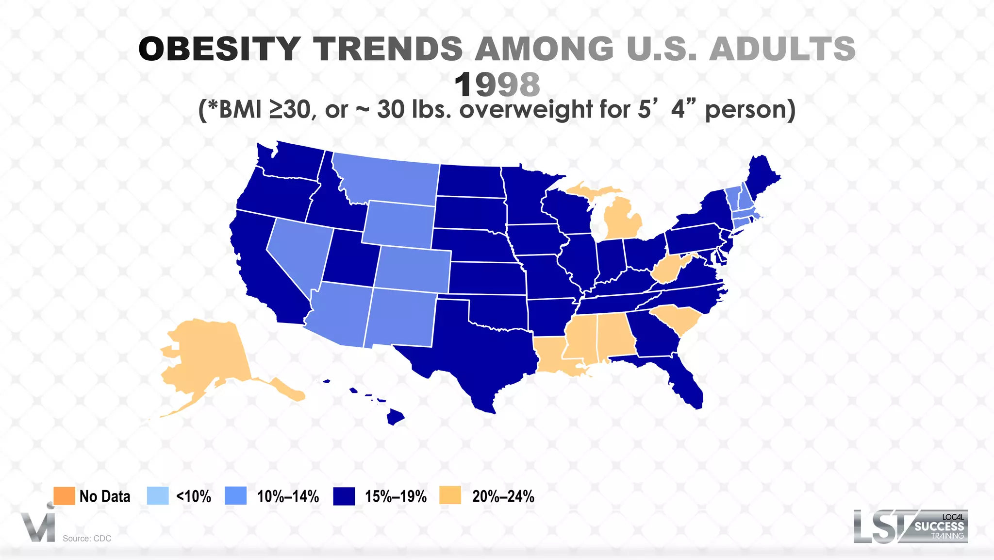(*BMI ≥30, or ~ 30 lbs. overweight for 5’ 4” person)




   No Data    <10%   10%–14%   15%–19%   20%–24%

Source: CDC
 