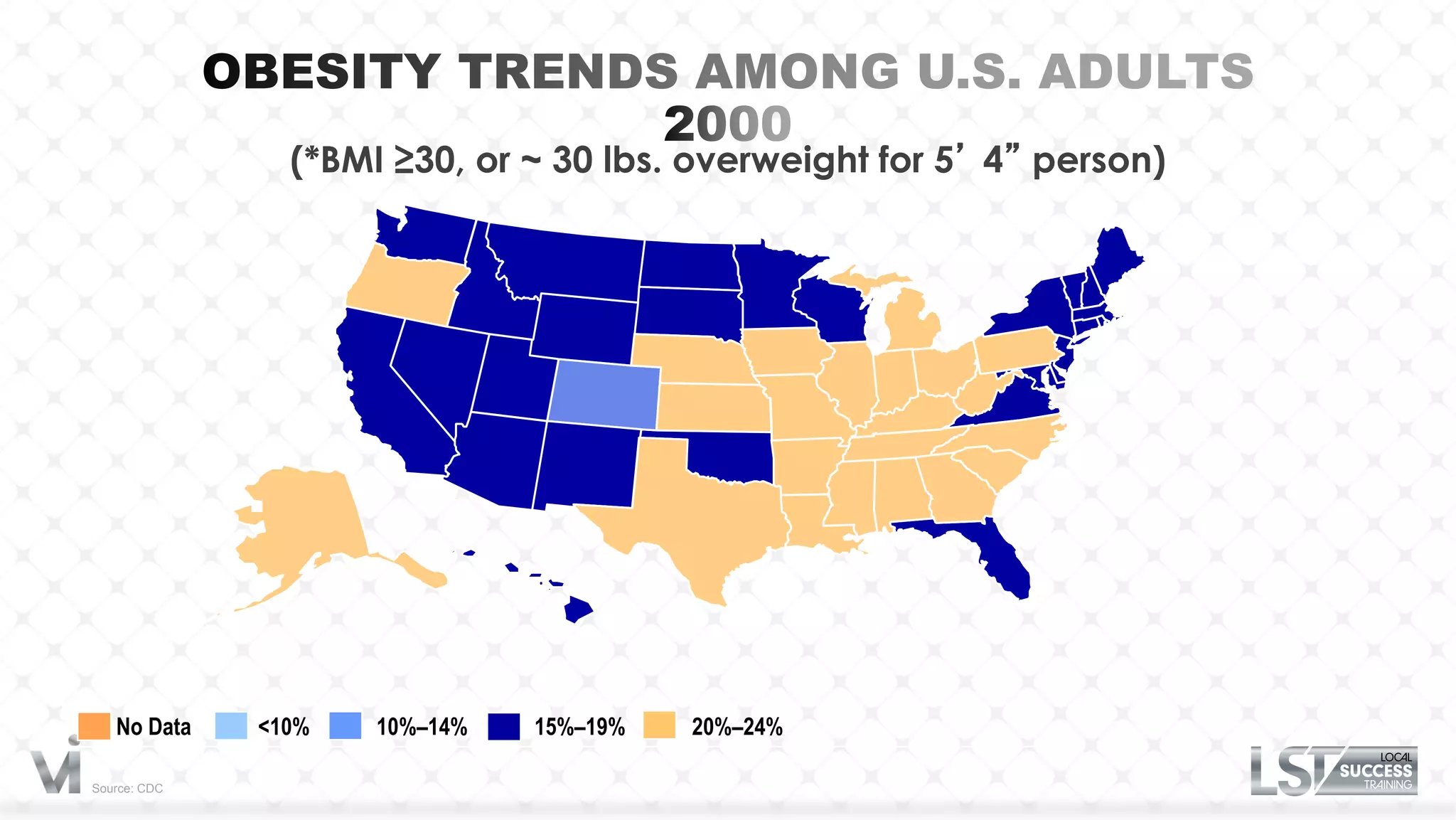 (*BMI ≥30, or ~ 30 lbs. overweight for 5’ 4” person)




   No Data    <10%   10%–14%   15%–19%   20%–24%

Source: CDC
 