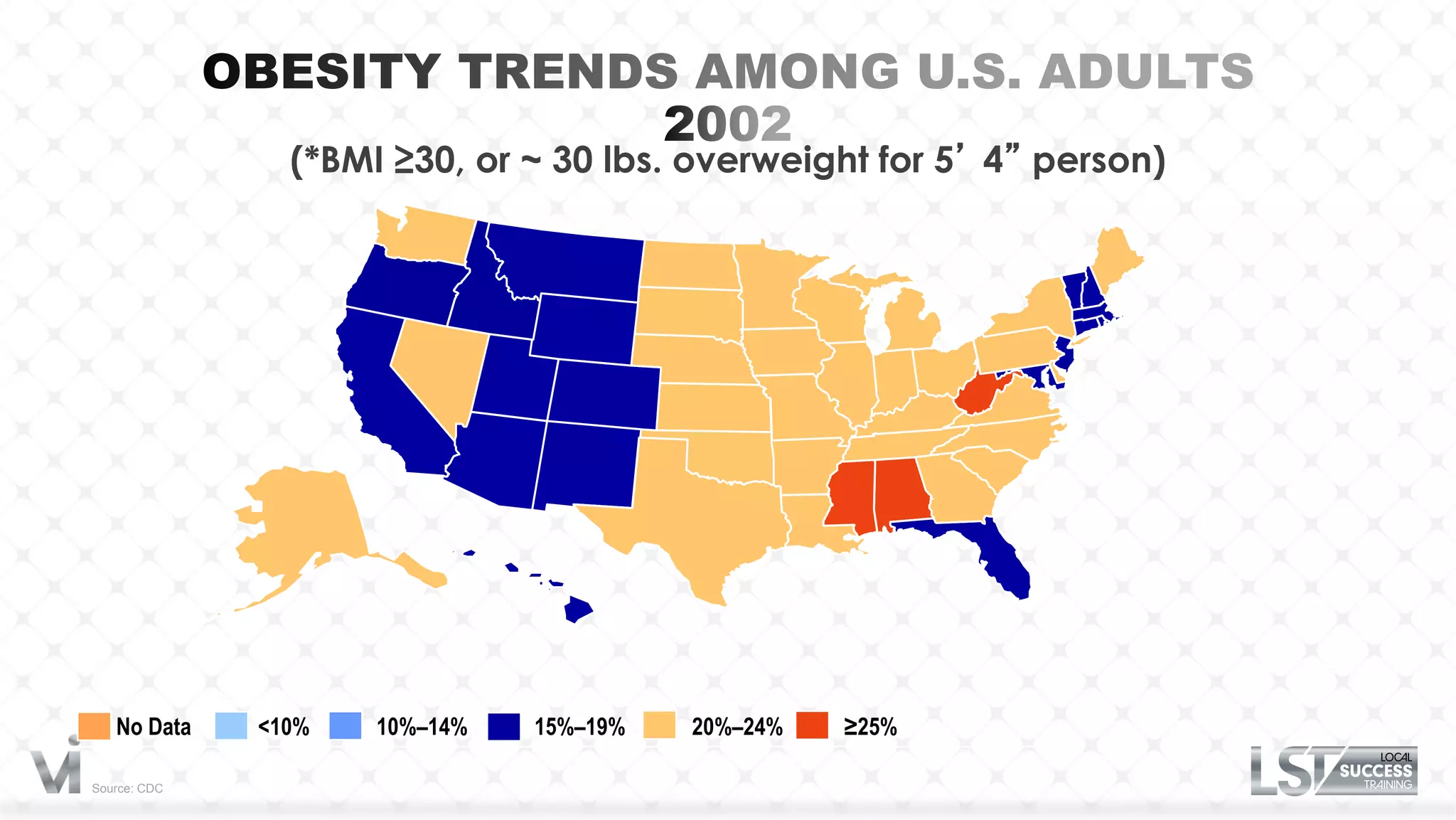 (*BMI ≥30, or ~ 30 lbs. overweight for 5’ 4” person)




   No Data    <10%   10%–14%   15%–19%   20%–24%   ≥25%

Source: CDC
 