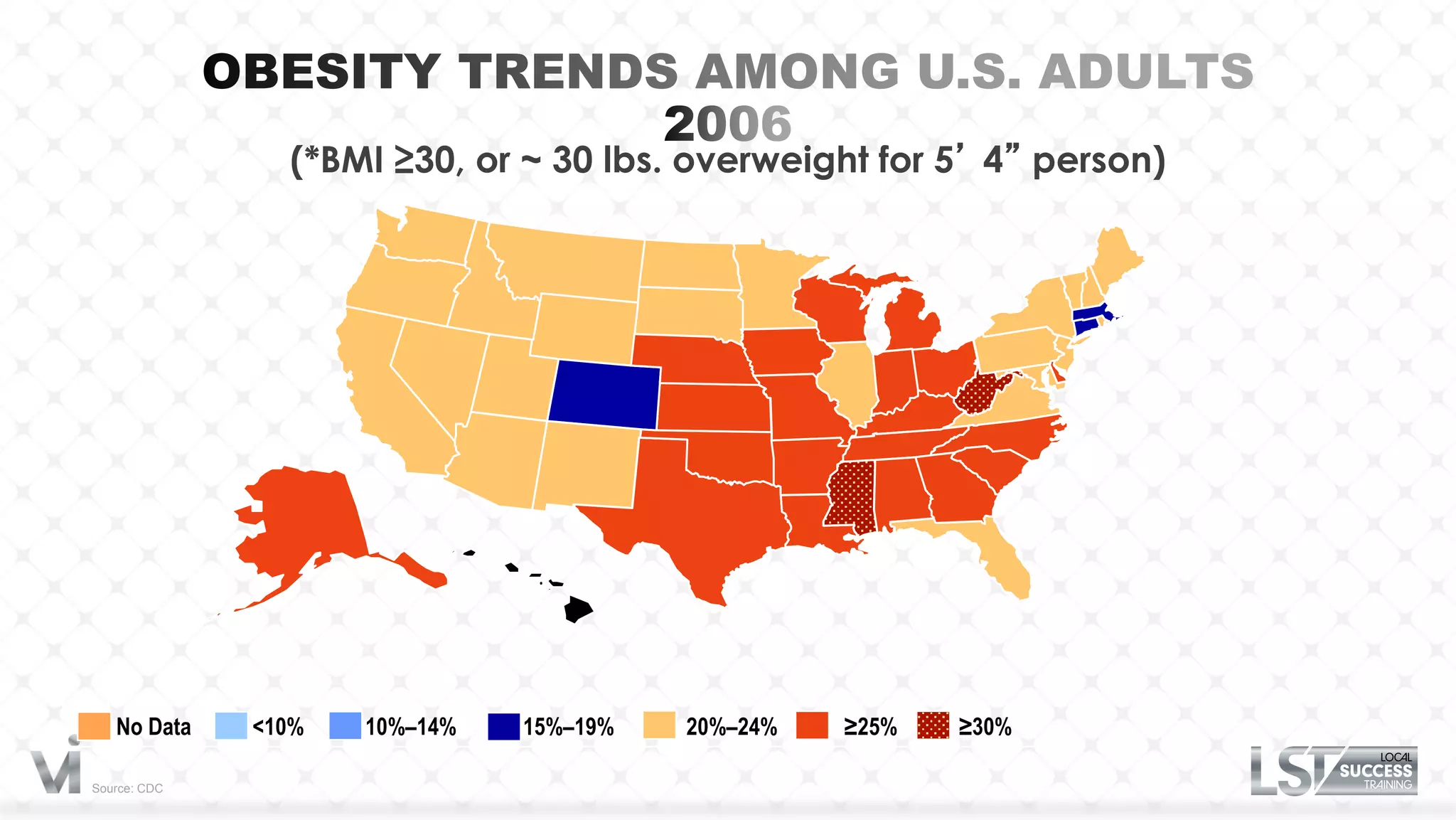 (*BMI ≥30, or ~ 30 lbs. overweight for 5’ 4” person)




   No Data    <10%   10%–14%   15%–19%   20%–24%   ≥25%   ≥30%

Source: CDC
 