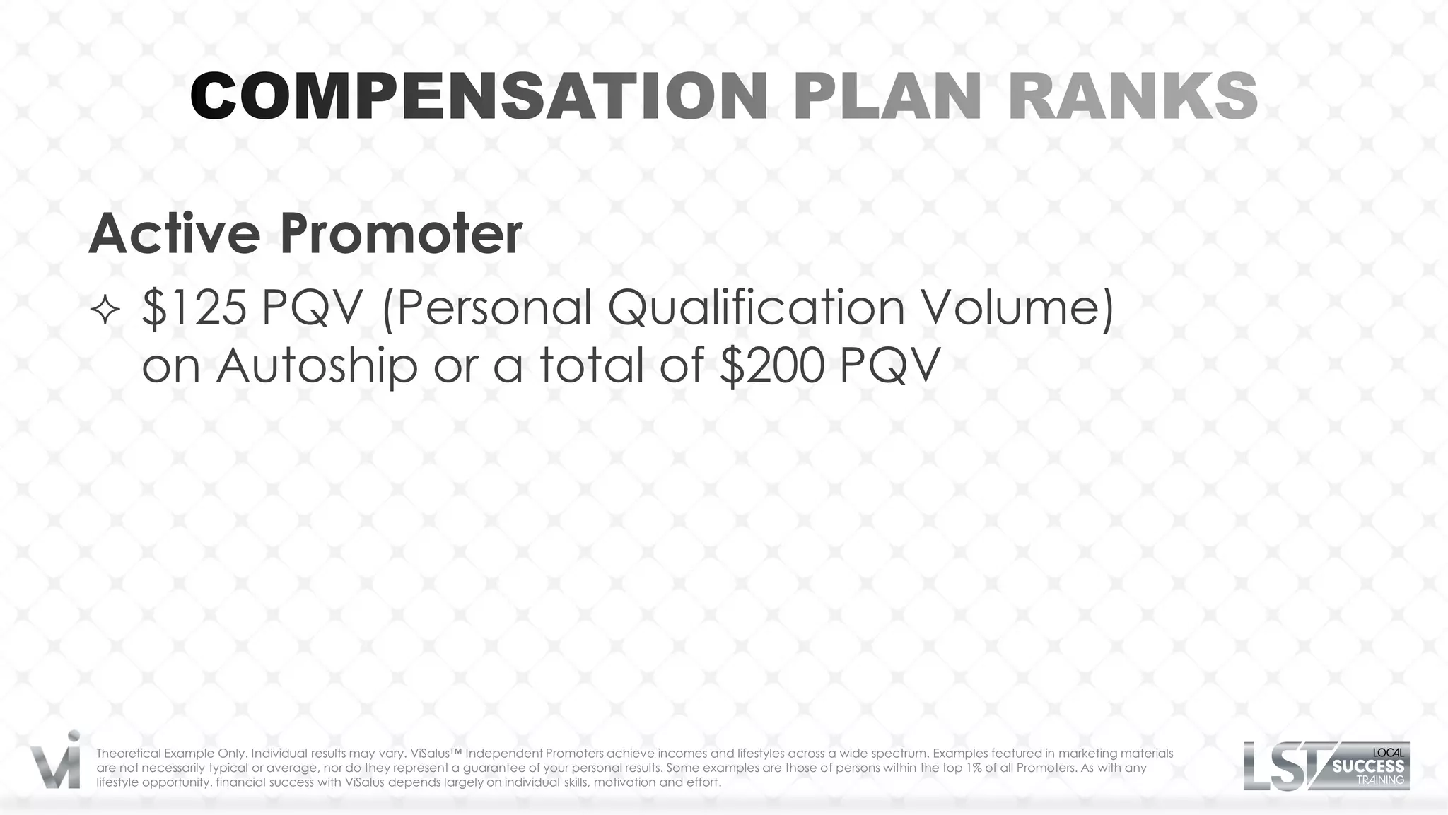 Active Promoter
 $125 PQV (Personal Qualification Volume)
       on Autoship or a total of $200 PQV




Theoretical Example Only. Individual results may vary. ViSalus™ Independent Promoters achieve incomes and lifestyles across a wide spectrum. Examples featured in marketing materials
are not necessarily typical or average, nor do they represent a guarantee of your personal results. Some examples are those of persons within the top 1% of all Promoters. As with any
lifestyle opportunity, financial success with ViSalus depends largely on individual skills, motivation and effort.
 