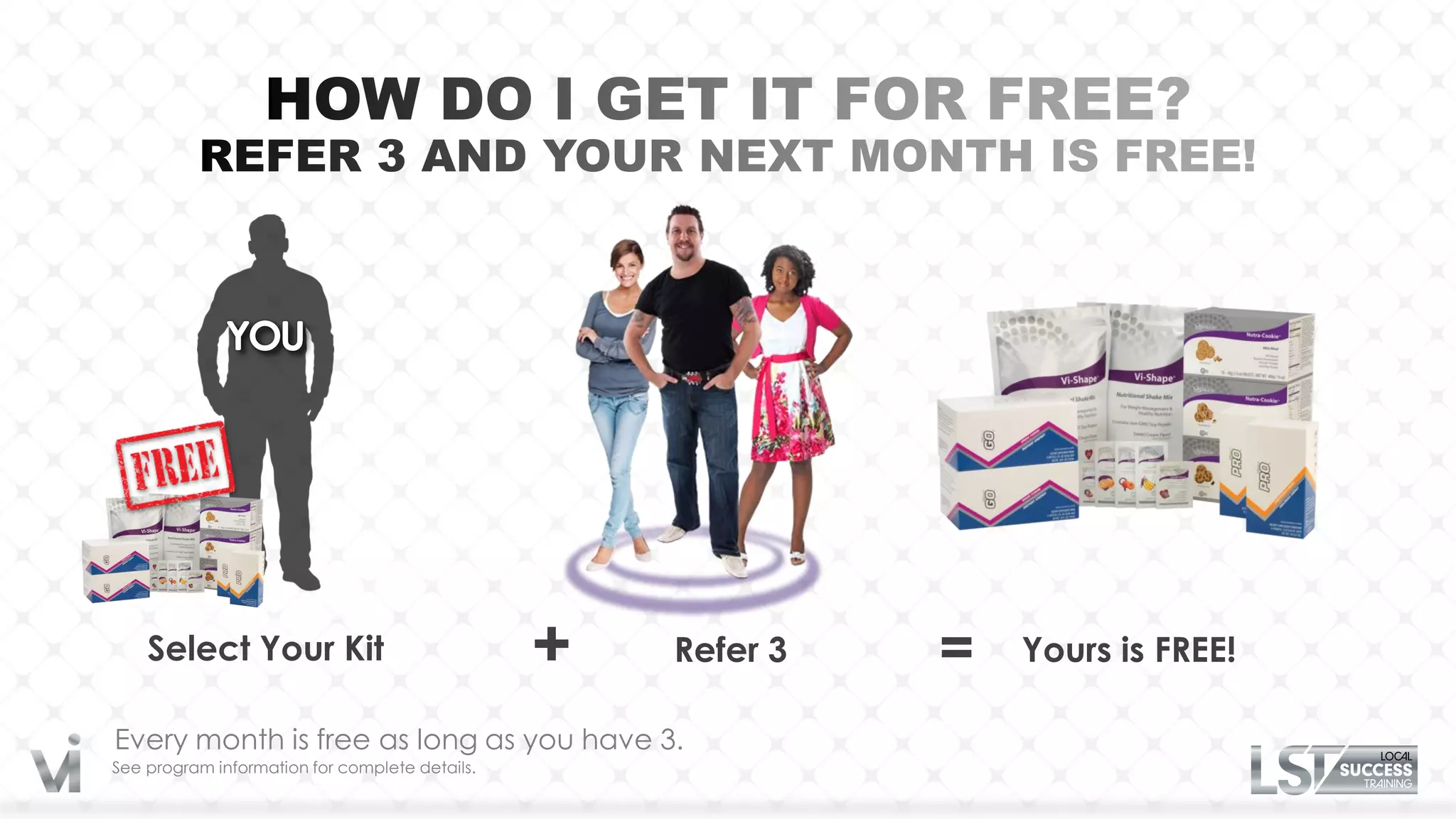 Select Your Kit                             +   Refer 3   =   Yours is FREE!

Every month is free as long as you have 3.
See program information for complete details.
 