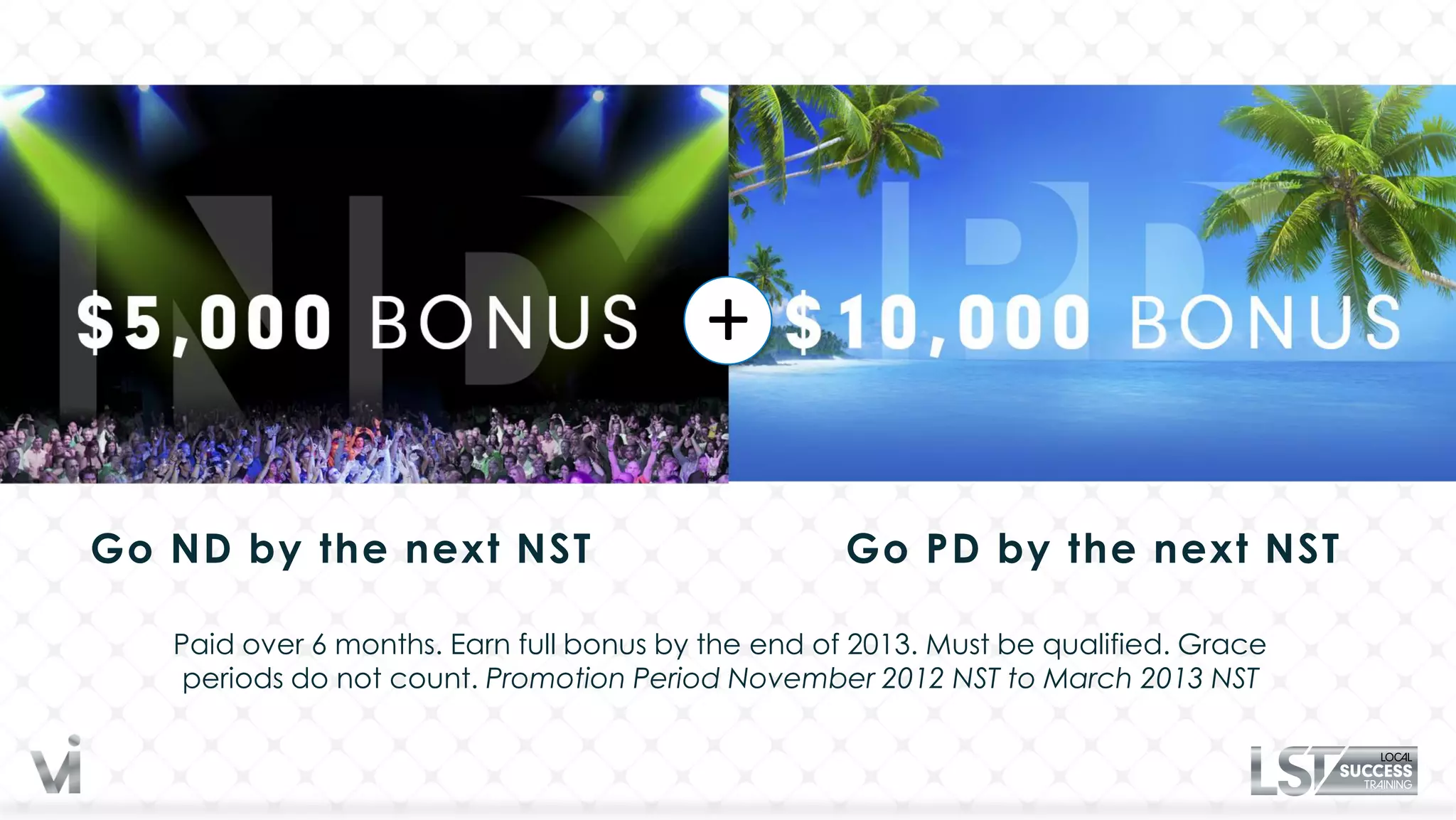 +

Go ND by the next NST                               Go PD by the next NST

   Paid over 6 months. Earn full bonus by the end of 2013. Must be qualified. Grace
    periods do not count. Promotion Period November 2012 NST to March 2013 NST
 