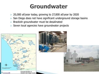  20,000 af/year today, growing to 27,000 af/year by 2020
 San Diego does not have significant underground storage basins
 Brackish groundwater must be desalinated
 Seven local agencies have groundwater projects
 