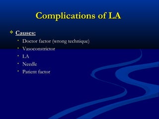 Complications of LA


Causes:
•
•
•
•
•

Doctor factor (wrong technique)
Vasoconstrictor
LA
Needle
Patient factor

 