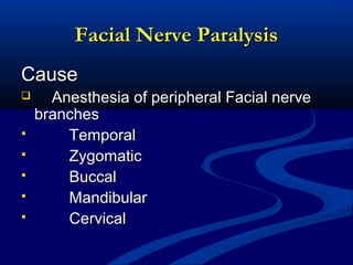 Facial Nerve Paralysis
Cause







Anesthesia of peripheral Facial nerve
branches
Temporal
Zygomatic
Buccal
Mandibular
Cervical

 