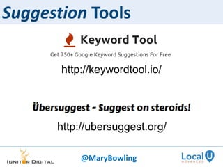 Suggestion Tools
http://ubersuggest.org/
http://keywordtool.io/
@MaryBowling
 
