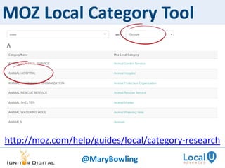 MOZ Local Category Tool
http://moz.com/help/guides/local/category-research
@MaryBowling
 