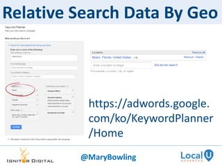 Relative Search Data By Geo
https://adwords.google.
com/ko/KeywordPlanner
/Home
@MaryBowling
 