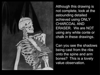 Although this drawing is not complete, look at the astounding detailed achieved using ONLY CHARCOAL AND ERASER.  We are NOT using any white conte or chalk in these drawings. Can you see the shadows being cast from the ribs onto the spine and arm bones?  This is a lovely value observation. 