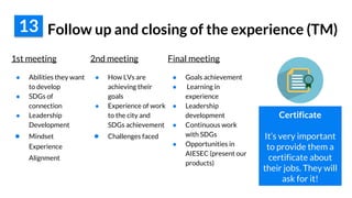 Follow up and closing of the experience (TM)
1st meeting
● Abilities they want
to develop
● SDGs of
connection
● Leadership
Development
● Mindset
Experience
Alignment
13
Certificate
It’s very important
to provide them a
certificate about
their jobs. They will
ask for it!
2nd meeting
● How LVs are
achieving their
goals
● Experience of work
to the city and
SDGs achievement
● Challenges faced
Final meeting
● Goals achievement
● Learning in
experience
● Leadership
development
● Continuous work
with SDGs
● Opportunities in
AIESEC (present our
products)
 