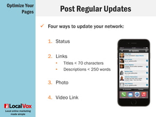 Local online marketing
made simple
 Members can search for: employee
candidates, freelancers, industry experts, etc.
 Show up more often in searches
 Increase your chance of being discovered
SEO
Optimize Your
Pages
 