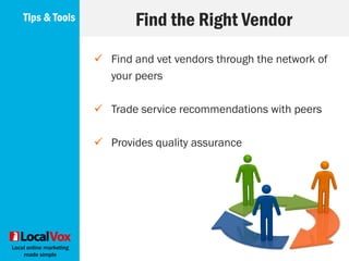 Local online marketing
made simple
 Find mentors, potential investors or
professionals interested in franchising
opportunities
 Keeps your business top-of-mind
Expand Your BusinessTips & Tools
 