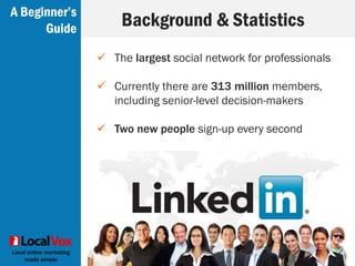 Local online marketing
made simple
 41% of users have 500+ connections
 Who’s Viewed Your Profile? is #1 feature
 There are 4 million Company Pages
Background & StatisticsA Beginner’s
Guide
 