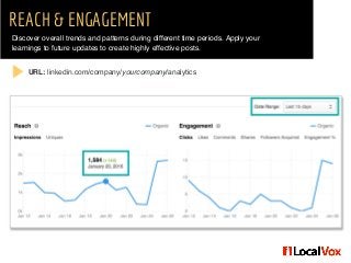 REACH & ENGAGEMENT
Discover overall trends and patterns during different time periods. Apply your
learnings to future updates to create highly effective posts.
URL: linkedin.com/company/yourcompany/analytics
 