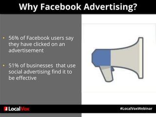 #LocalVoxWebinar
Why Facebook Advertising?
• 56% of Facebook users say
they have clicked on an
advertisement
• 51% of businesses that use
social advertising find it to
be effective
 