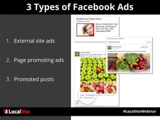 #LocalVoxWebinar
3 Types of Facebook Ads
1. External site ads
2. Page promoting ads
3. Promoted posts
 
