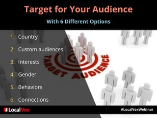 Target for Your Audience
With 6 Different Options
1. Country
2. Custom audiences
3. Interests
4. Gender
5. Behaviors
6. Connections
#LocalVoxWebinar
 