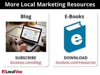 E-Books
DOWNLOAD
localvox.com/resources
Blog
SUBSCRIBE
localvox.com/blog
More Local Marketing Resources
 