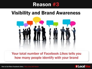 Reason #3
Visibility and Brand Awareness
Your total number of Facebook Likes tells you   
how many people identify with your brand
How to Get More Facebook Likes / Why Likes Still Matter
 