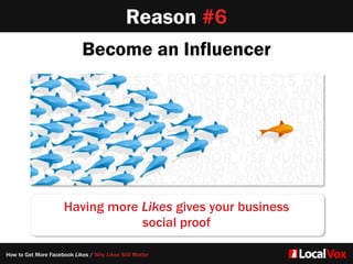 Reason #6
Become an Influencer
Having more Likes gives your business   
social proof 
How to Get More Facebook Likes / Why Likes Still Matter
 