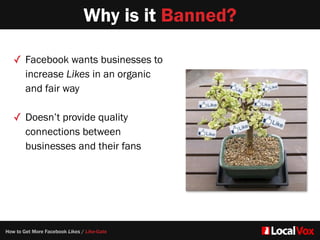 Why is it Banned?
✓ Facebook wants businesses to
increase Likes in an organic
and fair way  
✓ Doesn’t provide quality
connections between
businesses and their fans
How to Get More Facebook Likes / Like-Gate
 