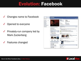 Evolution: Facebook
✓ Changes name to Facebook
✓ Opened to everyone
✓ Privately-run company led by
Mark Zuckerberg
✓ Features changed
How to Get More Facebook Likes / A Brief History
 