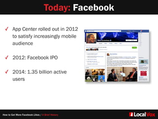 Today: Facebook
✓ App Center rolled out in 2012
to satisfy increasingly mobile
audience
✓ 2012: Facebook IPO
✓ 2014: 1.35 billion active
users
How to Get More Facebook Likes / A Brief History
 