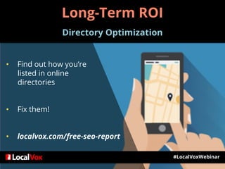 #LocalVoxWebinar
• Find out how you’re
listed in online
directories
• Fix them!
• localvox.com/free-seo-report
Long-Term ROI
Directory Optimization
 