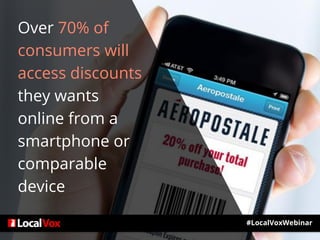 Over 70% of
consumers will
access discounts
they wants
online from a
smartphone or
comparable
device
#LocalVoxWebinar
 