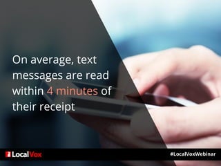 On average, text
messages are read
within 4 minutes of
their receipt
#LocalVoxWebinar
 