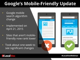 Google’s Mobile-Friendly Update
• Google mobile
search algorithm
change
• Implemented on
April 21, 2015
• Sites that aren’t mobile-
friendly now rank lower
• Took about one week to
see significant changes
#LocalVoxWebinar
 