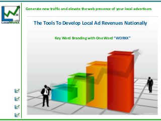 Generate new traffic and elevate the web presence of your local advertisers


    The Tools To Develop Local Ad Revenues Nationally

                 Key Word Branding with One Word “WORKX”
 
