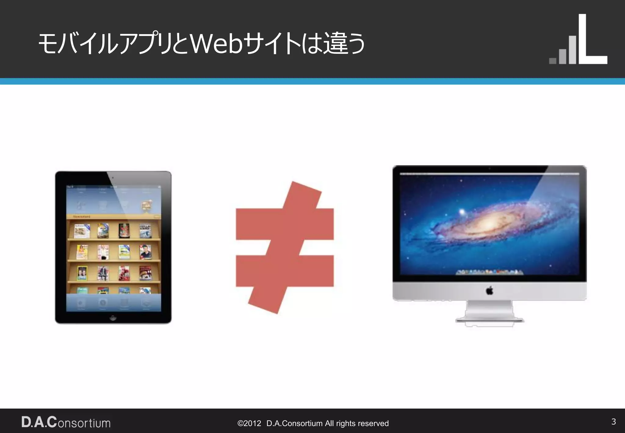モバイルアプリとWebサイトは違う




          ©2012 D.A.Consortium All rights reserved   3
 