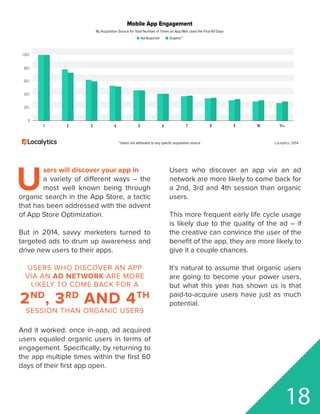 11+1 3 4 62 5 7 98 10
0
20%
40%
60%
80%
100%
Localytics, 2014
Mobile App Engagement
By Acquisition Source for Total Number of Times an App Was Used the First 60 Days
*Users not attributed to any specﬁc acquisition source
Ad Acquired Organic*
U
sers will discover your app in
a variety of different ways – the
most well known being through
organic search in the App Store, a tactic
that has been addressed with the advent
of App Store Optimization.
But in 2014, savvy marketers turned to
targeted ads to drum up awareness and
drive new users to their apps.
And it worked: once in-app, ad acquired
users equaled organic users in terms of
engagement. Specifically, by returning to
the app multiple times within the first 60
days of their first app open.
Users who discover an app via an ad
network are more likely to come back for
a 2nd, 3rd and 4th session than organic
users.
This more frequent early life cycle usage
is likely due to the quality of the ad – if
the creative can convince the user of the
benefit of the app, they are more likely to
give it a couple chances.
It’s natural to assume that organic users
are going to become your power users,
but what this year has shown us is that
paid-to-acquire users have just as much
potential.
18
USERS WHO DISCOVER AN APP
VIA AN AD NETWORK ARE MORE
LIKELY TO COME BACK FOR A
2ND
, 3RD
AND 4TH
SESSION THAN ORGANIC USERS
 