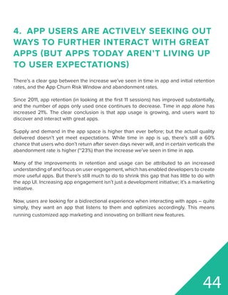 4.	 APP USERS ARE ACTIVELY SEEKING OUT
WAYS TO FURTHER INTERACT WITH GREAT
APPS (BUT APPS TODAY AREN’T LIVING UP
TO USER EXPECTATIONS)
There’s a clear gap between the increase we’ve seen in time in app and initial retention
rates, and the App Churn Risk Window and abandonment rates.
Since 2011, app retention (in looking at the first 11 sessions) has improved substantially,
and the number of apps only used once continues to decrease. Time in app alone has
increased 21%. The clear conclusion is that app usage is growing, and users want to
discover and interact with great apps.
Supply and demand in the app space is higher than ever before; but the actual quality
delivered doesn’t yet meet expectations. While time in app is up, there’s still a 60%
chance that users who don’t return after seven days never will, and in certain verticals the
abandonment rate is higher (~23%) than the increase we’ve seen in time in app.
Many of the improvements in retention and usage can be attributed to an increased
understanding of and focus on user engagement, which has enabled developers to create
more useful apps. But there’s still much to do to shrink this gap that has little to do with
the app UI. Increasing app engagement isn’t just a development initiative; it’s a marketing
initiative.
Now, users are looking for a bidirectional experience when interacting with apps – quite
simply, they want an app that listens to them and optimizes accordingly. This means
running customized app marketing and innovating on brilliant new features.
44
 