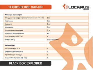 контроль  других  параметров  по  состоянию  внешних  датчиков,  как  штатных,  так  идополнительных(уровень топлива, температура, обороты, моточасы).При  использовании  дополнительных  входов  прибор  способен  фиксировать,  уровнинапряжения в двух точках бортовой сети, например, цепи датчика температуры двигателя или уровня топлива в баках  (штатные датчики автомобиля, дополнительные датчики), а также  состояние  двух  переключателей  –  например,  контакта  двери  или  контакта термодатчика.  Возможна  работа  с  дополнительными  импульсными  проточными датчиками расхода топлива разных производителей. Кроме  того,  прибор  способен  отслеживать  действия  водителя,  направленные  на причинение помех процессу контроля, запоминая моменты пропадания и восстановления питающего напряжения и сигналов позиционирования.Контроль  уровня  напряжения  на  борту  автомобиля  позволяет,  на  большинстве транспортных  средств,  определять  факт  работы  двигателя  без  дополнительных подключений. Locaus 702 предназначен для использования как на автомобилях, так и на любых других видах транспорта, исключая подземные и технологический транспорт, работающий внутри помещений.LOCARUS 702