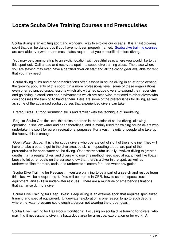 Locate Scuba Dive Training Courses and Prerequisites