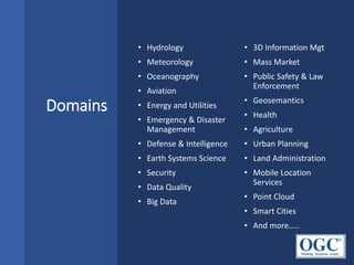 Copyright © 2019 OGC
Domains
• Hydrology
• Meteorology
• Oceanography
• Aviation
• Energy and Utilities
• Emergency & Disaster
Management
• Defense & Intelligence
• Earth Systems Science
• Security
• Data Quality
• Big Data
• 3D Information Mgt
• Mass Market
• Public Safety & Law
Enforcement
• Geosemantics
• Health
• Agriculture
• Urban Planning
• Land Administration
• Mobile Location
Services
• Point Cloud
• Smart Cities
• And more…..
 